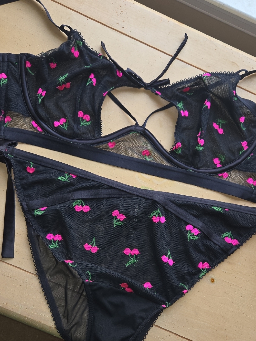 torrid Black Sheer Mesh Bra & Bikini Set with Pink Cherry Embroidery